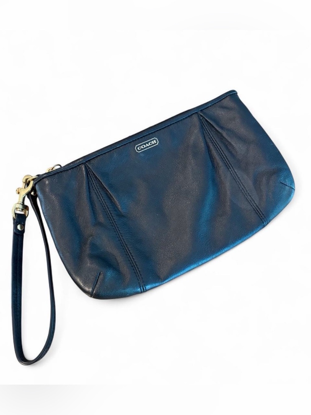 VTG Y2K Coach black leather wristlet with gold accents and embossed logo. - Picture 2 of 8
